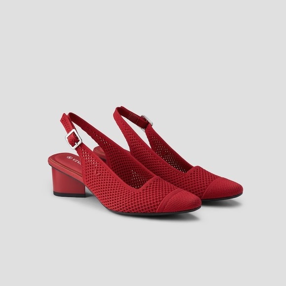Vivaia Slingback Block Heel Knit Pointed Toe Pumps Red Shoes‎ Size EU/37 US/6.5 - Picture 3 of 9